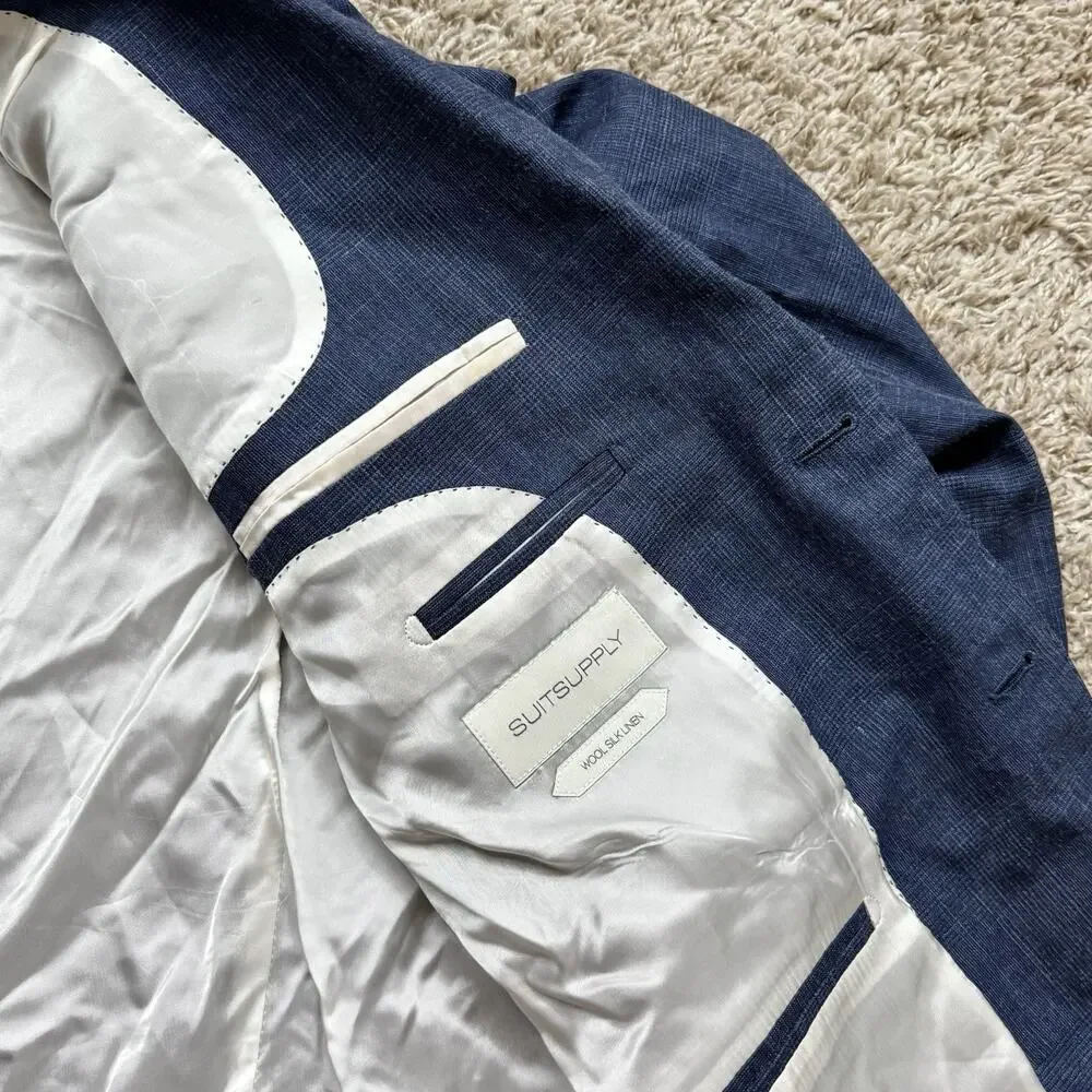 Suitsupply Suit Lazio Blue Wool Silk Linen Blend Fit 27 Size 44S / Pants 35x29